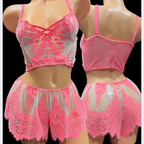 Victorias Secret set Dream Angels Floral Lace Mesh Bustier bra & Shortie coral M - Picture 1 of 8